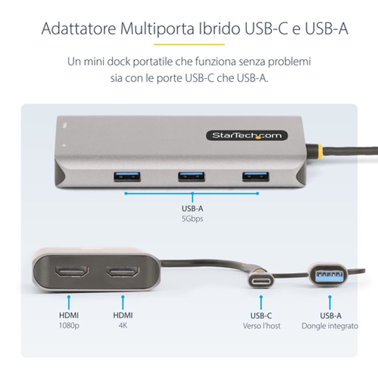 StarTech.com Adattatore multiporta USB-C con dongle USB-C a USB-A, doppio HDMI (4K30Hz/1080p60Hz), Hub USB-A 5Gbps a 3 porte, mini dock da viaggio, docking station USB tipo C per laptop, Cavo da 40 cm_STARTECH.COM_9_big-image