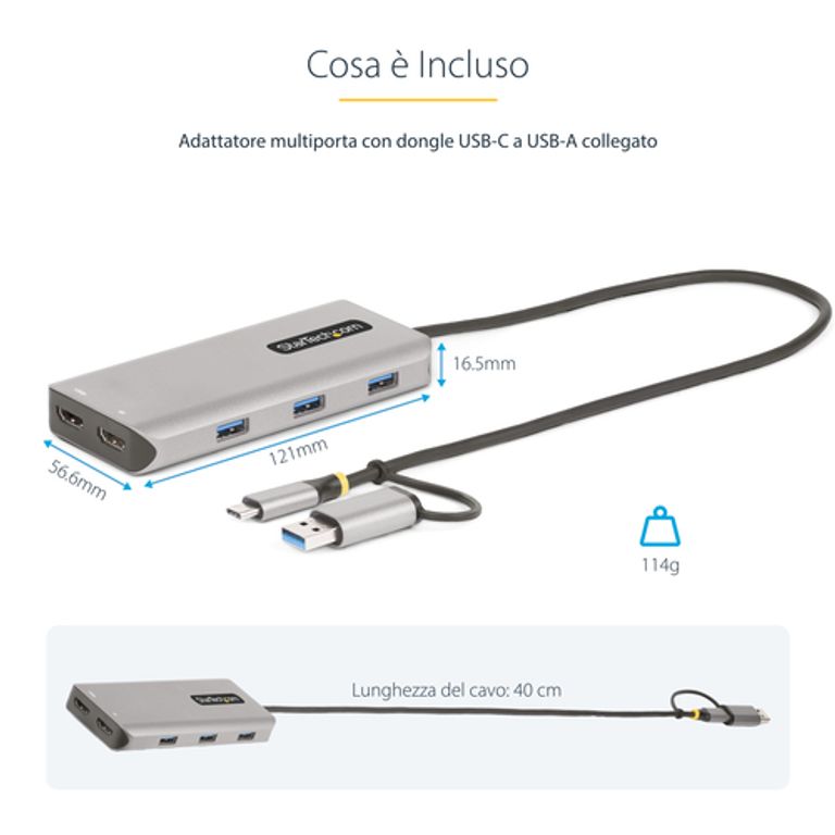 StarTech.com Adattatore multiporta USB-C con dongle USB-C a USB-A, doppio HDMI (4K30Hz/1080p60Hz), Hub USB-A 5Gbps a 3 porte, mini dock da viaggio, docking station USB tipo C per laptop, Cavo da 40 cm_STARTECH.COM_11_big-image