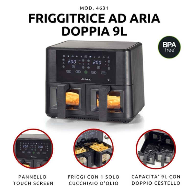 Ariete 4631 Friggitrice ad aria Doppia 9L, 2400W, Capacità totale 9L, 11 programmi, Multifunzione, Fino a 3,6 kg di fritto Temperatura fino a 200°C, Doppio cestello, Nero_ARIETE_2_big-image